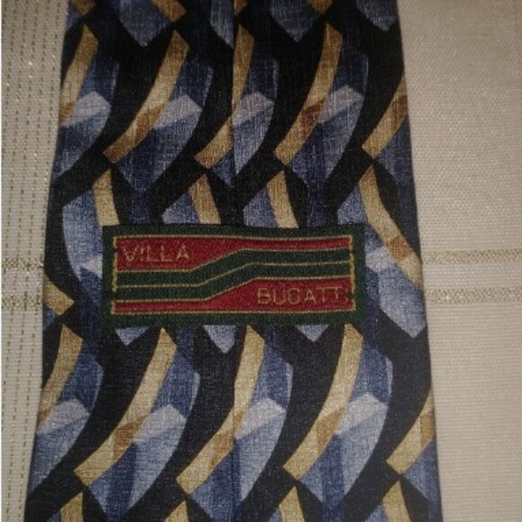 Villa Bugatti Men Tie Silk Necktie Navy Gold Blue Ornate Geometric Arch Curves - Picture 7 of 8